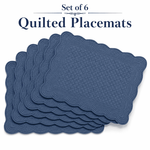 VALUNE Set of 6 Sapphire Blue Quilted 100% Cotton Fabric Rectangular Placemats, 13x18 inches Washable Table Mats for Kitchen Table