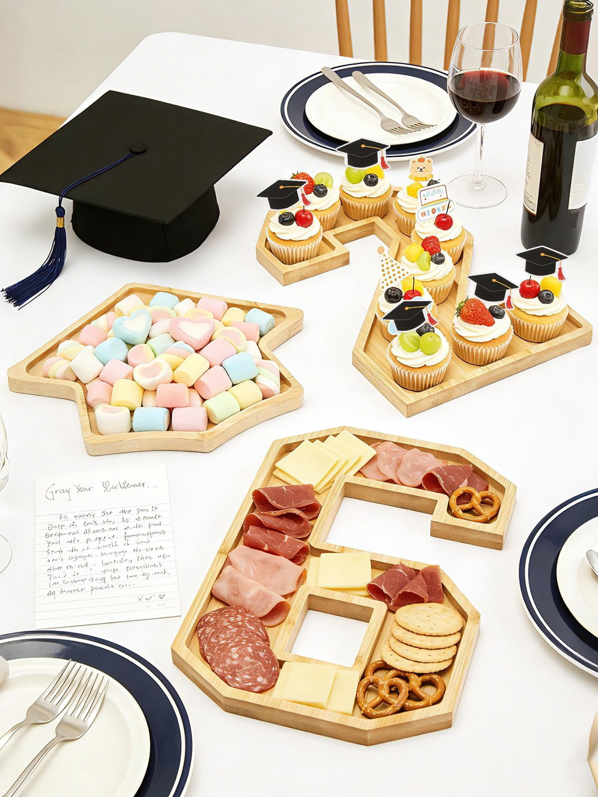 Bamboo 26 Graduation Numbers Charcuterie Fillable Board - Class of 2026 Reusable Food Serving Trays & Graduation Cap Platter, Grad Party Table Decor for Cupcakes, Cookies, Fruits