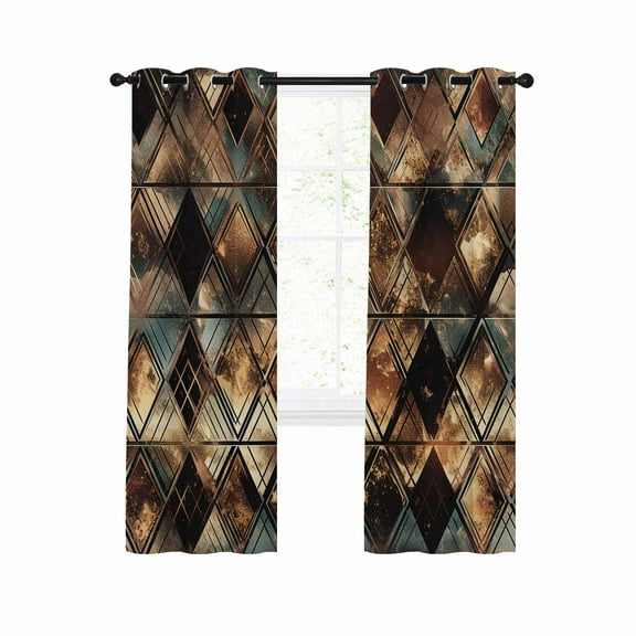 Brown Teal Geometric Blackout Curtains 54 Inches Long for Bedroom, Retro Modern Plaid Abstract Art Thermal Insulated Room Darkening Black Out Window Curtain Panels Grommet Drapes for Living Room