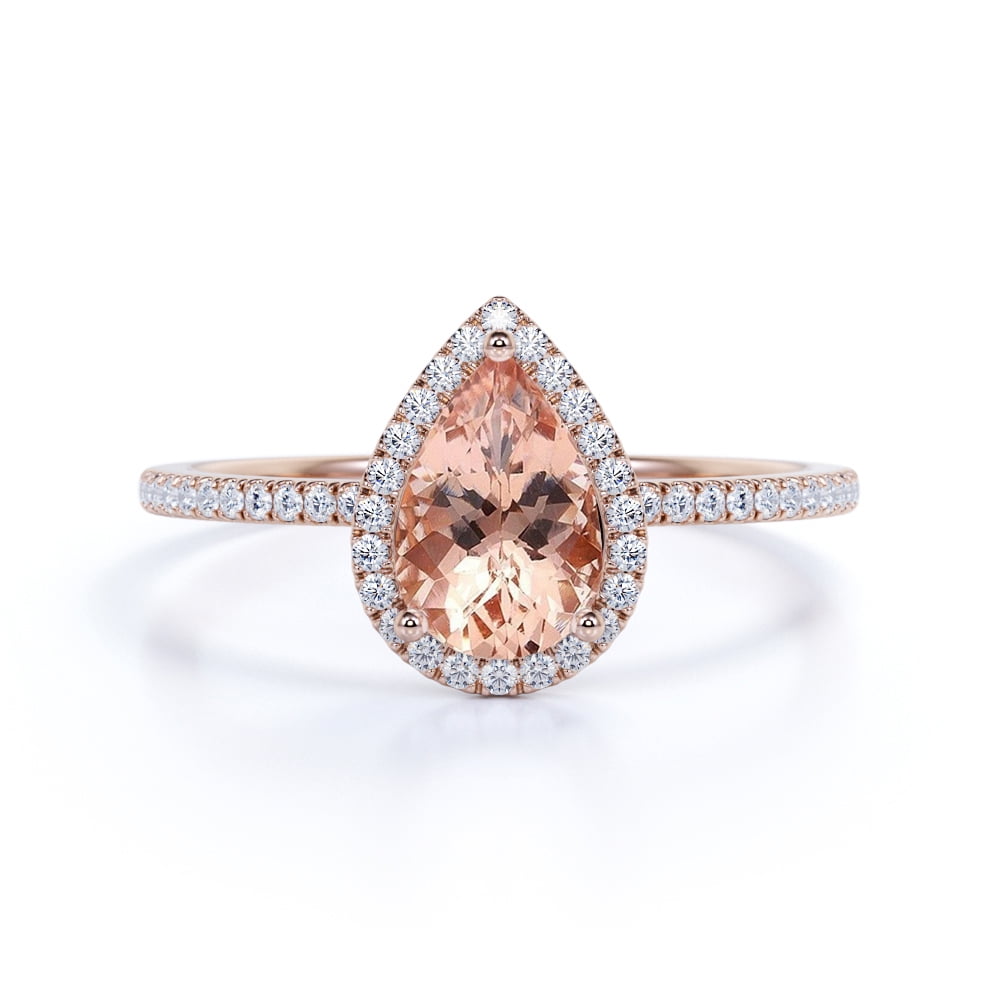 Morganite Curved Ring Teardrop Pave Ring for Her 1.25 Carat Pear Cut Natural Pink Morganite and Diamond Engagement Ring in 14K Rose Gold