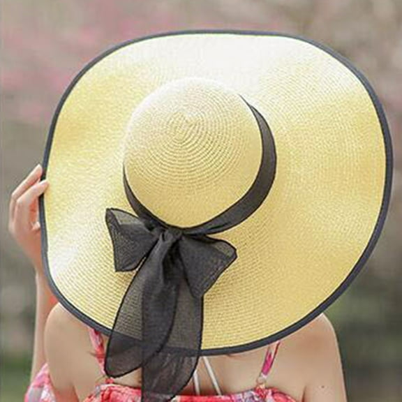 Pavied Sun Hats Beach Hats Women Big Brim Straw Hat Sun Floppy Wide Brim Hats New Bowknot Folding Beach Cap Straw Hats Wide Brim Hats Beige One Size