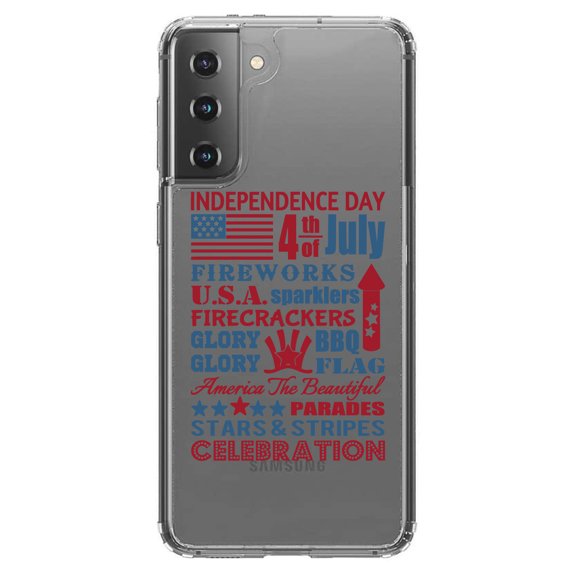 DistinctInk Clear Shockproof Hybrid Case for Galaxy S21 5G (6.2" Screen) - TPU Bumper Acrylic Back Tempered Glass Screen Protector - Independence Day Word Art