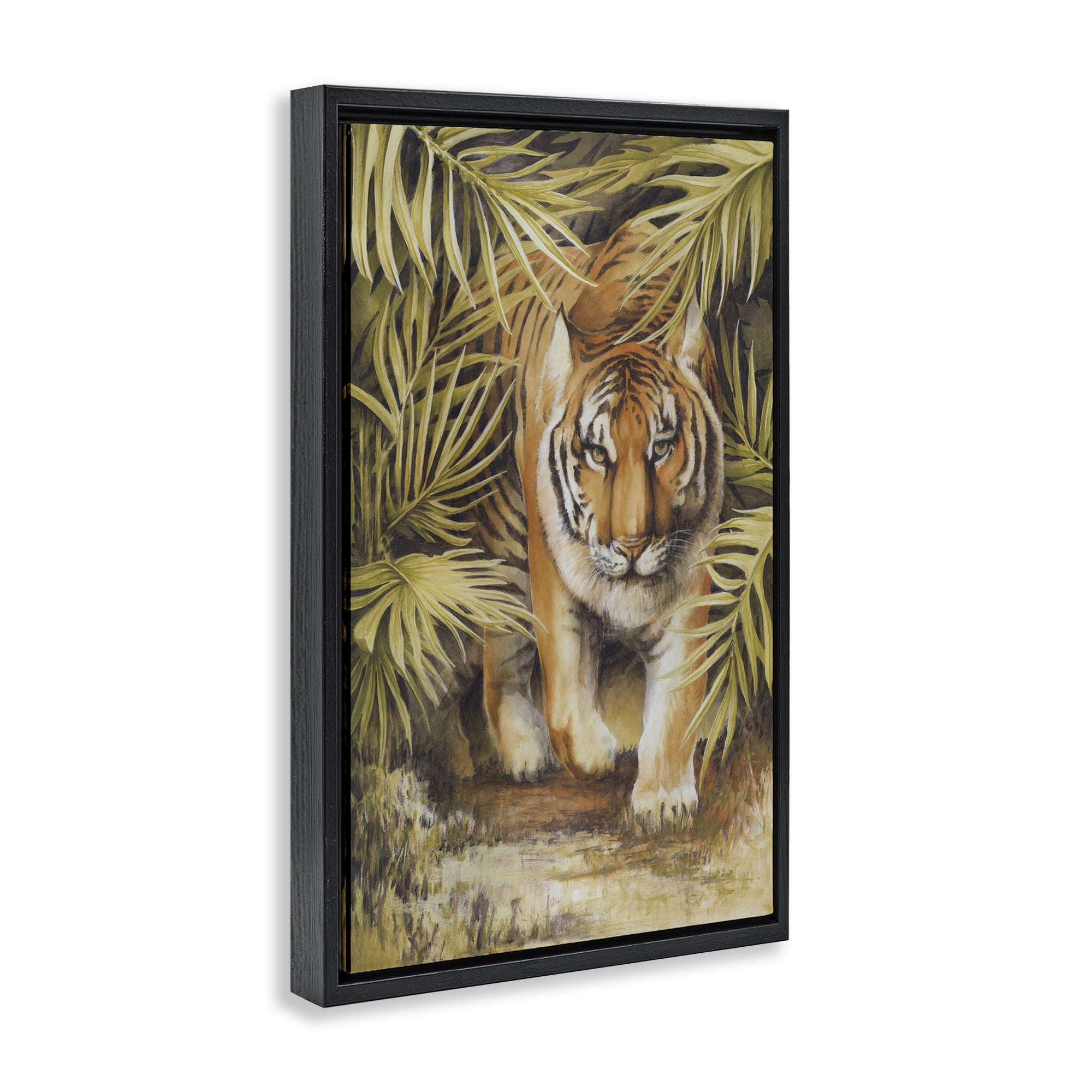 Stupell Industries Tiger Prowling Through Leaves Animals & Insects Painting Black Floater Framed Canvas Art Print Wall Art, 17 x 25