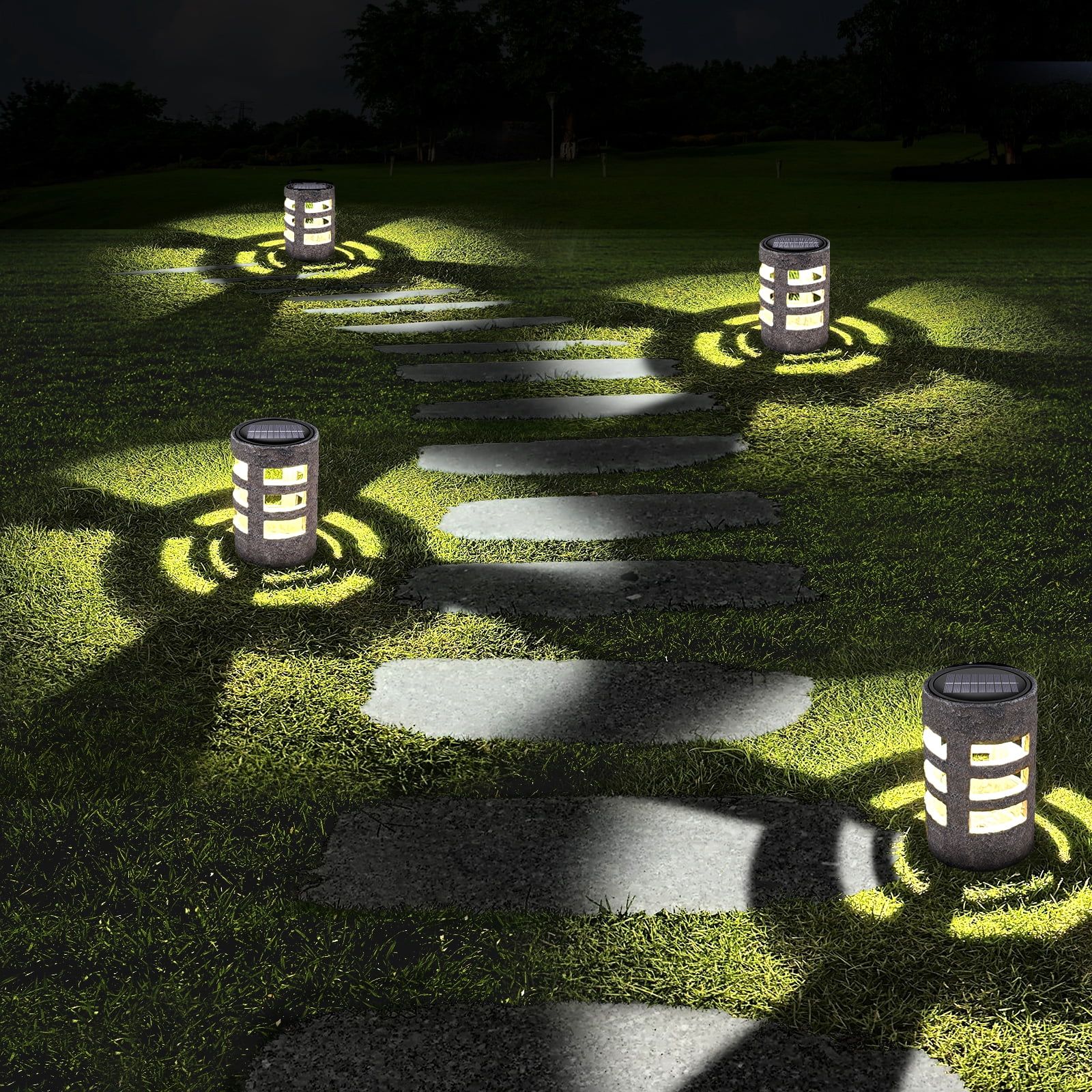 4 Pack Solar Pathway Lights, Round Pillar LED Yard Lights, Waterproof Outdoor Landscape Lighting for Garden & Walkway