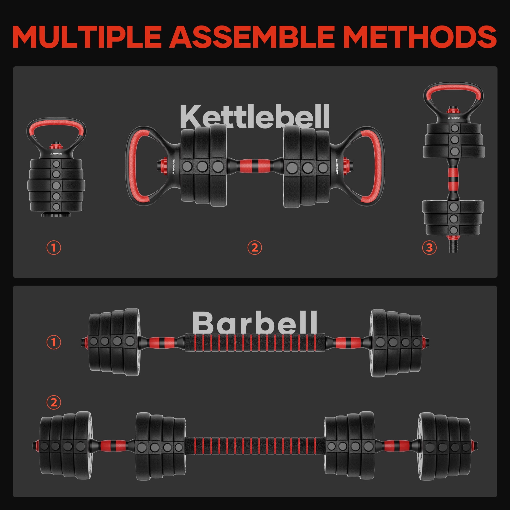MaxKare 66LB Adjustable Weight Dumbbell Set 4 in 1 Set as Dumbbell Barbell Kettlebell Push-up Stands, for Home Gym Weights for Men & Women