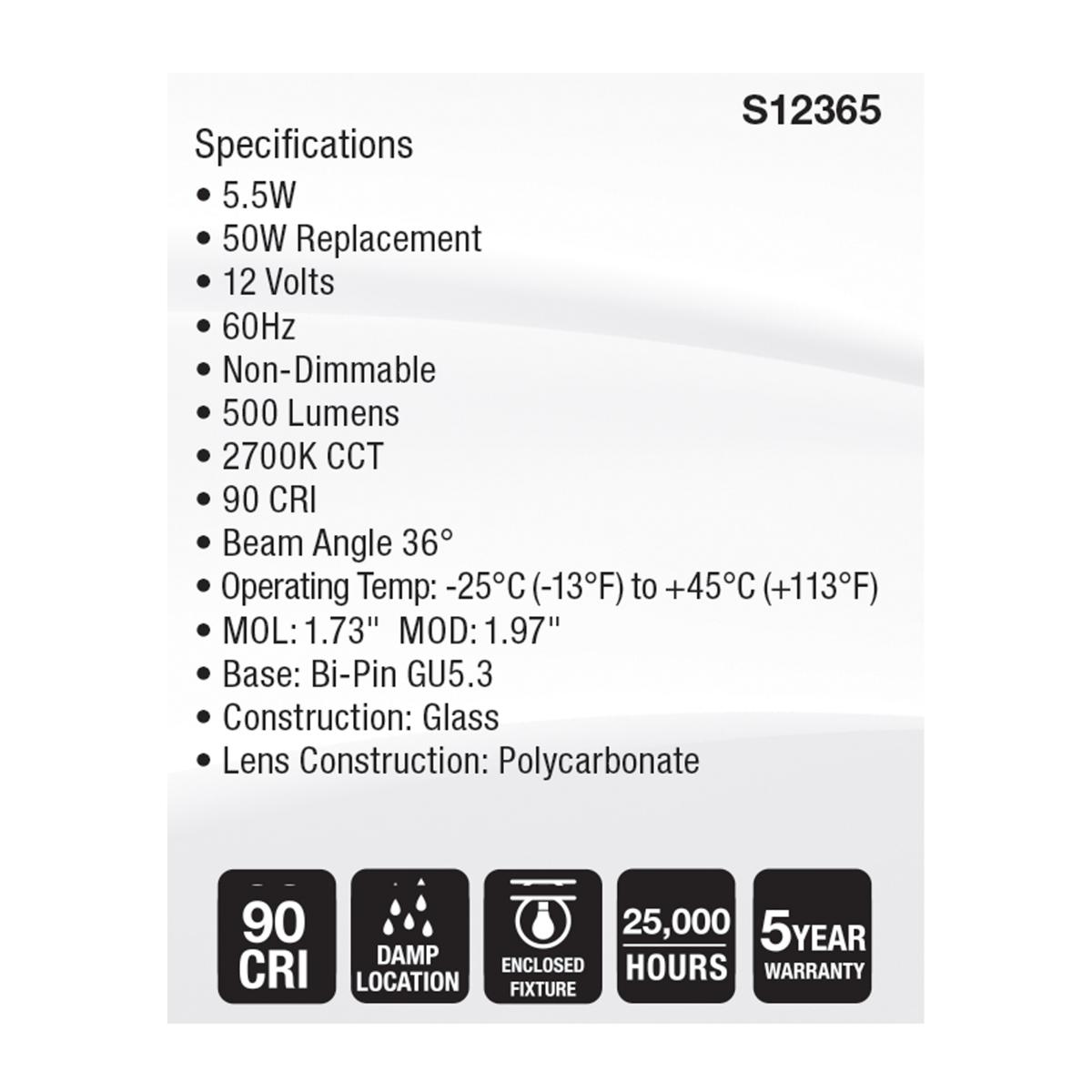 Satco S12365 MR16 LED Flood Light Bulbs 12V 5.5W 2700K GU5.3 Base Dimmable (12 Pack)