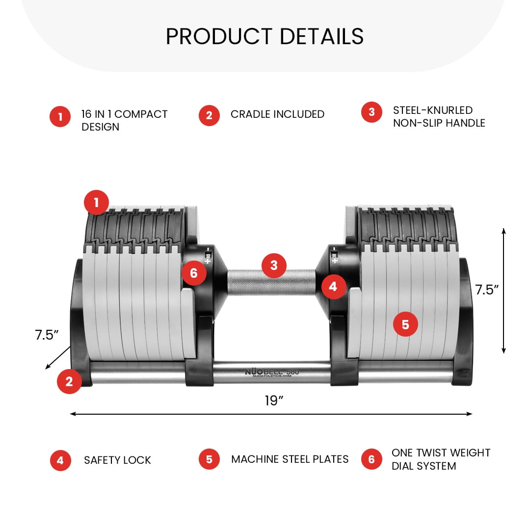 NUOBELL Adjustable Dumbbells Pair 5-80 lbs : the Adjustable Dumbbell Set to Replace 16 Sets of Dumbbells. Add Nuobell Dumbbells 80lb and Free Weights to Your Home Gym. Just Twist the Handle to Adjust
