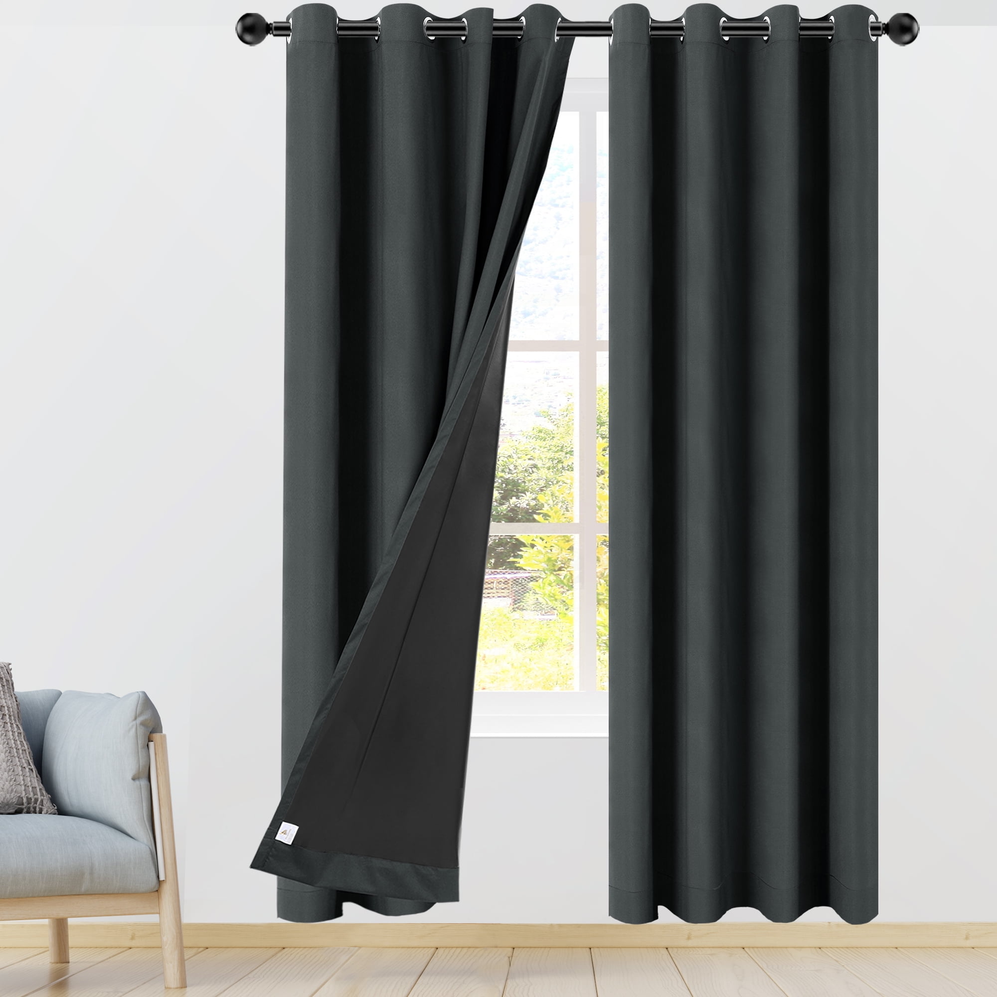 PiccoCasa 2 Panels Bedroom Waterproof 100% Blackout Curtains Black 52 ...