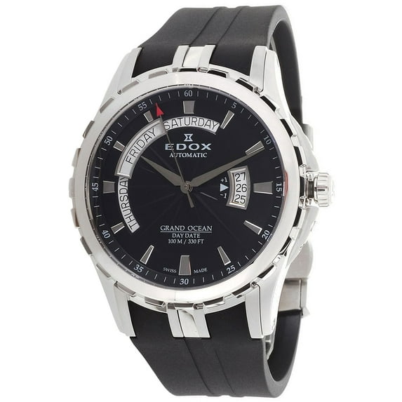 Edox Grand Ocean Automatic Steel Mens Rubber Strap Watch Day Date 83006-3CA-NIN