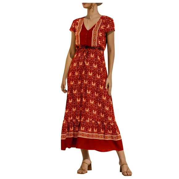 Pompotops Women Summer Casual Buttons Patching Short Sleeve Bandage Hawaiian Dress