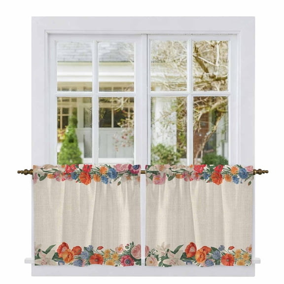 Colorful Roses Floral Tier Curtains 24 Inch Length, Farmhouse Spring Flowers Vintage Cafe Short Curtains for Bathroom Over Sink, Small Kitchen Curtain Light Filtering Drapes 2 Panels 27.5"Wx24"L