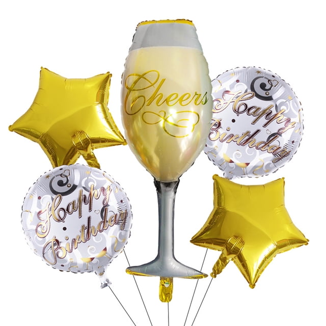 Set de copa de champán y globos de feliz cumpleaños (5 piezas)