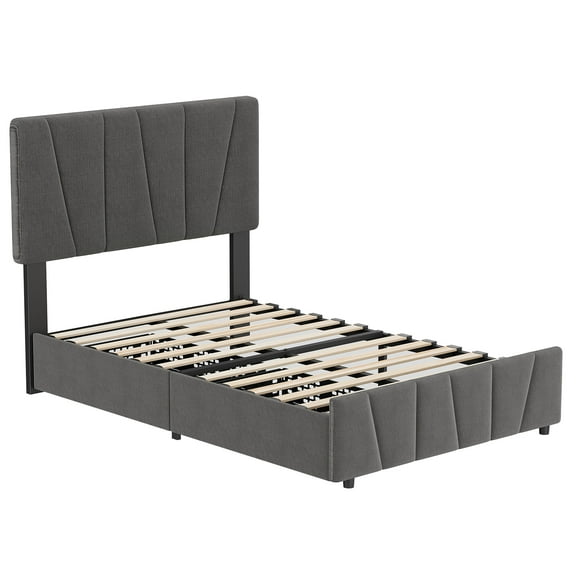 Twin Bed Frame with Storage Drawers & Adjustable Headboard, Grey Velvet Upholstered Platform Bed with Wood Slats, No Box Spring Needed, for Small Spaces