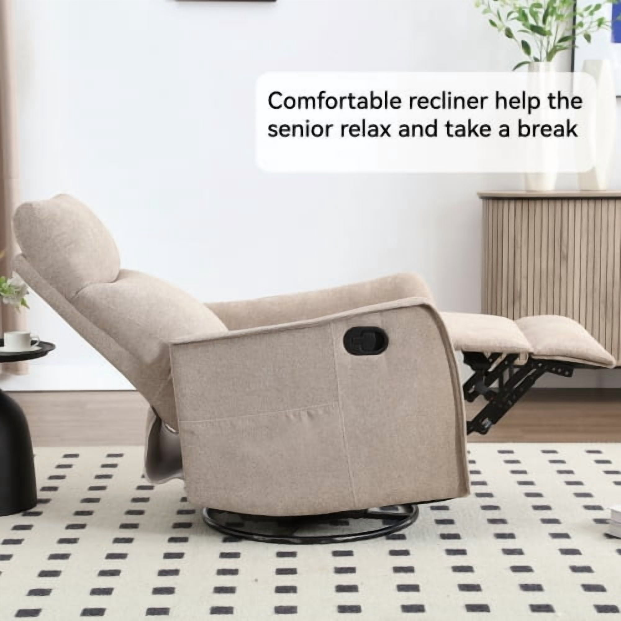 Leumius Recliner Chair with Massage and Heat,360° Manual Swivel Rocker Chair for Adults,Upholstered Fabric Glider Recliner Nursery Chair with Side Pockets for Living Room,Khaki
