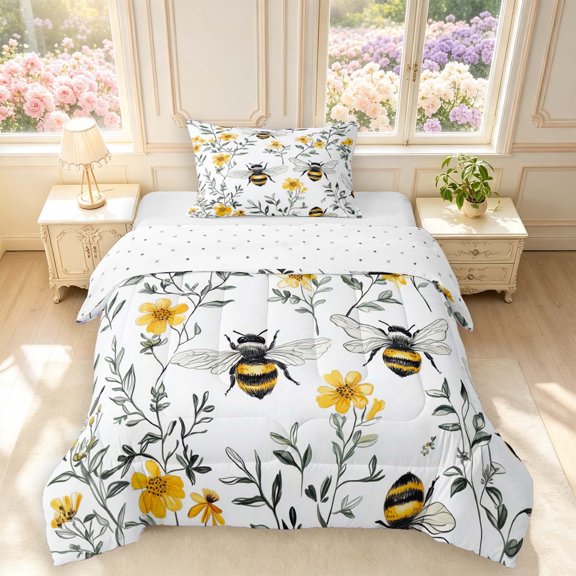 Erosebridal Rustic Bee Twin Comforter Sets,Watercolor Floral Bedding Set,White Gray,Reversible,2pcs,1 Comforter and 1 Pillowcase