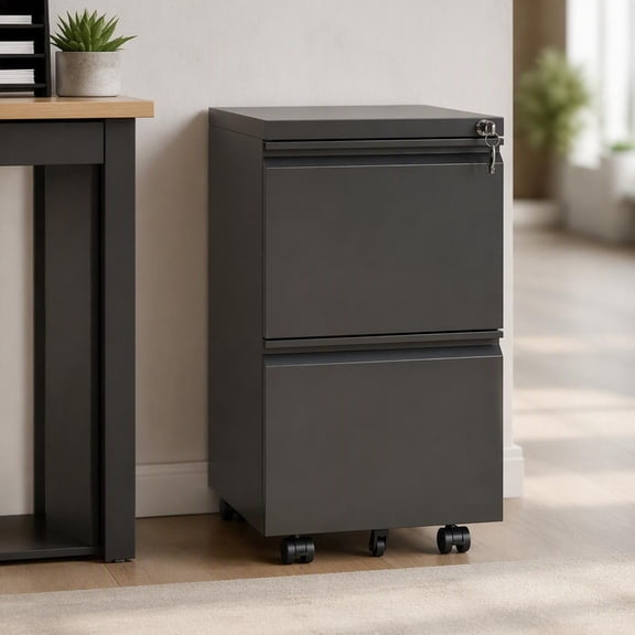 2-Drawer Rolling Metal File Cabinet with Lock, Hanging File Bar for Letter/Legal/A4, 5 Casters with Brakes, Fully Assembled, Fits Under Desk, Home Office Storage