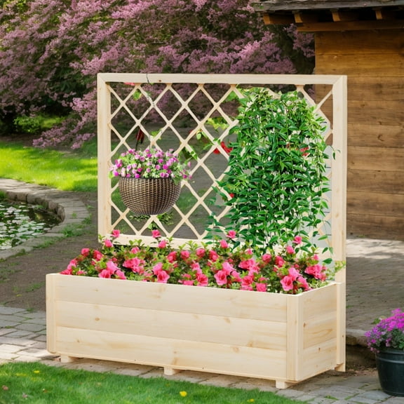 Spaco Raised Garden Bed with Lattice Trellis-L, Wooden Elevated Planter Box for Patio, Garden, Backyard, Brown