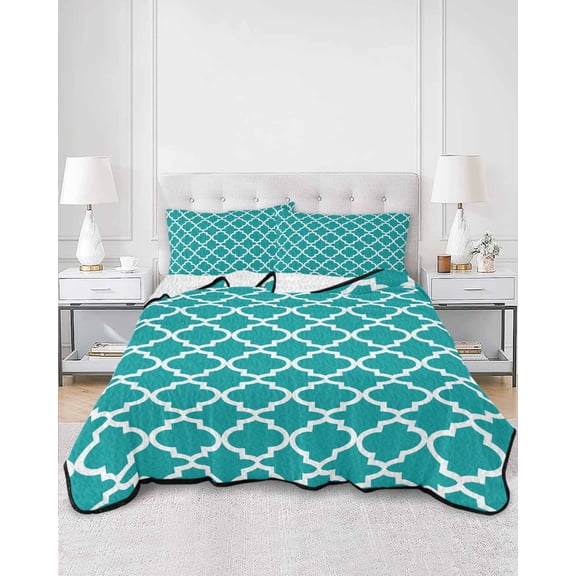 Quilts King Size, Teal Morocco Soft Comforter Bedding Set for Bed, Ethnic Boho Minimalist Abstract Geometric Lightweight Quilted Bedspread with Pillow Cover(2 Pieces) for All Season, 96x106 Inch