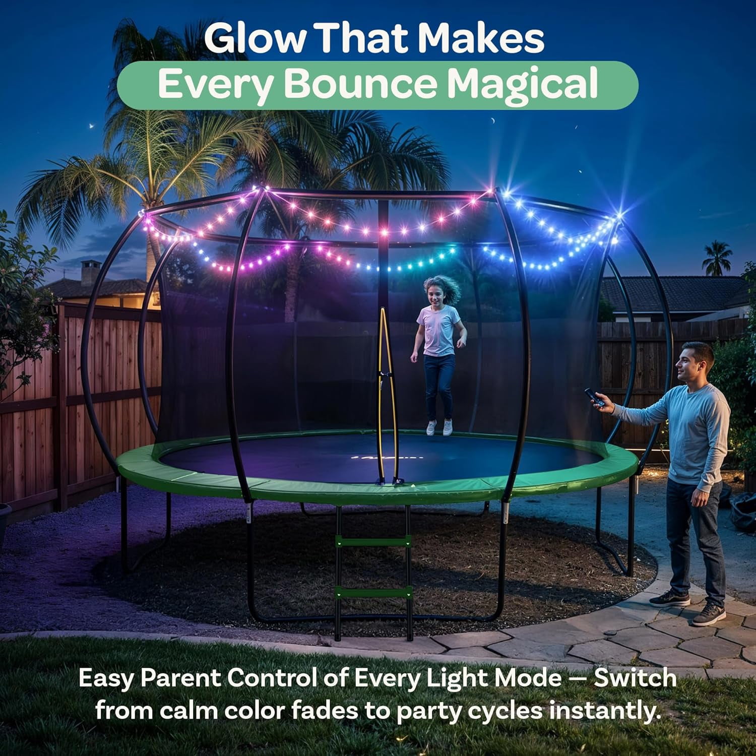 JoyBerri Trampoline Outdoor – 12Ft Recreational Trampoline with Enclosure Net, Ladder, LED Lights & Sprinkler – ASTM Certified Safe - Green