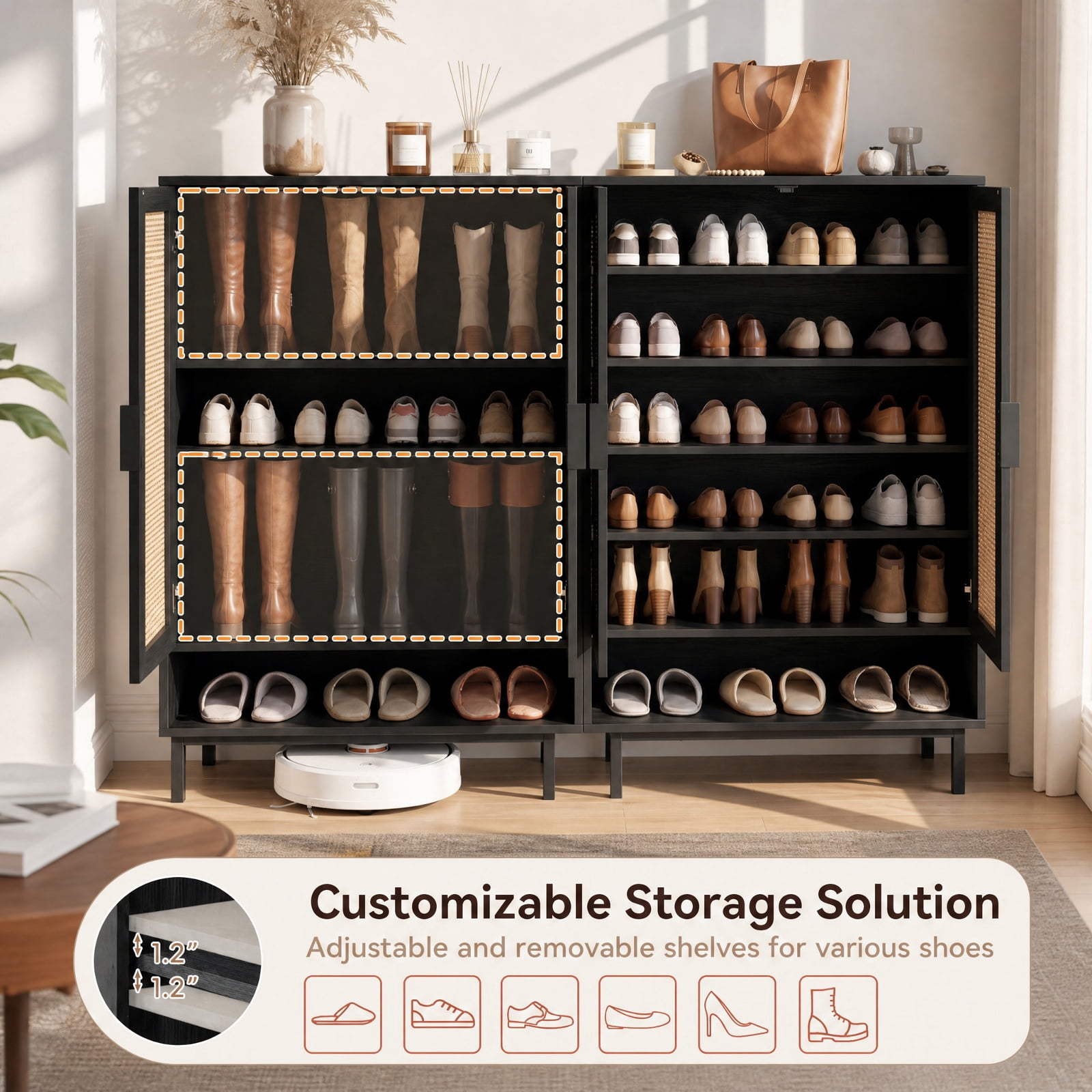 Furnibear 43 Inch Tall 6 Tier Shoe Cabinet with Double Doors and Adjustable Shelves for Entryway Living Room and Closet, Black