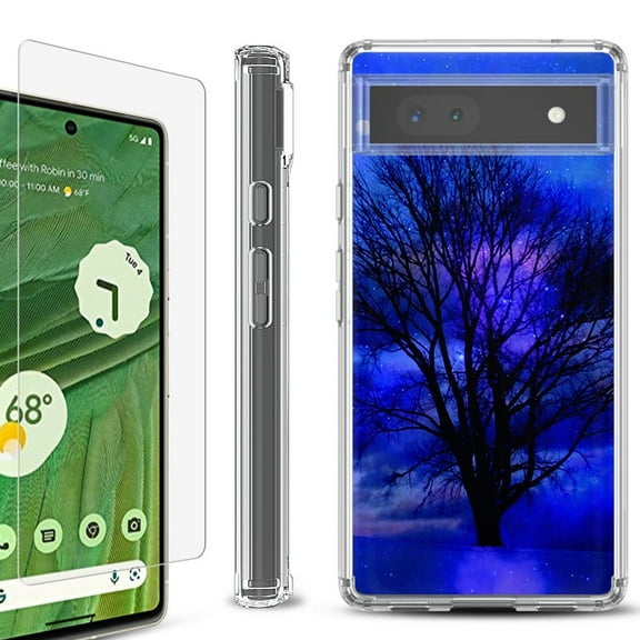 Shockproof Bumper Phone Case for Google Pixel 6a, with Tempered Glass Screen Protector, by OneToughShield ® - Night Tree