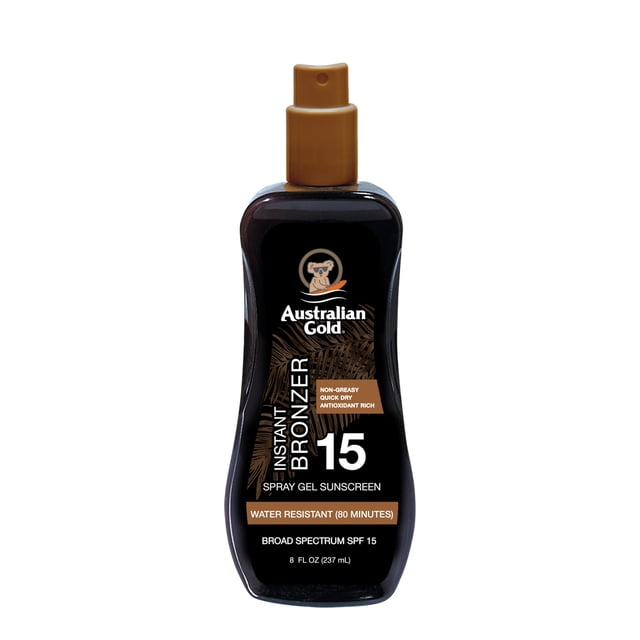 Australian Gold Instant Bronzer Water Resistant Sunscreen Spray Gel SPF 15, 8 Ounce