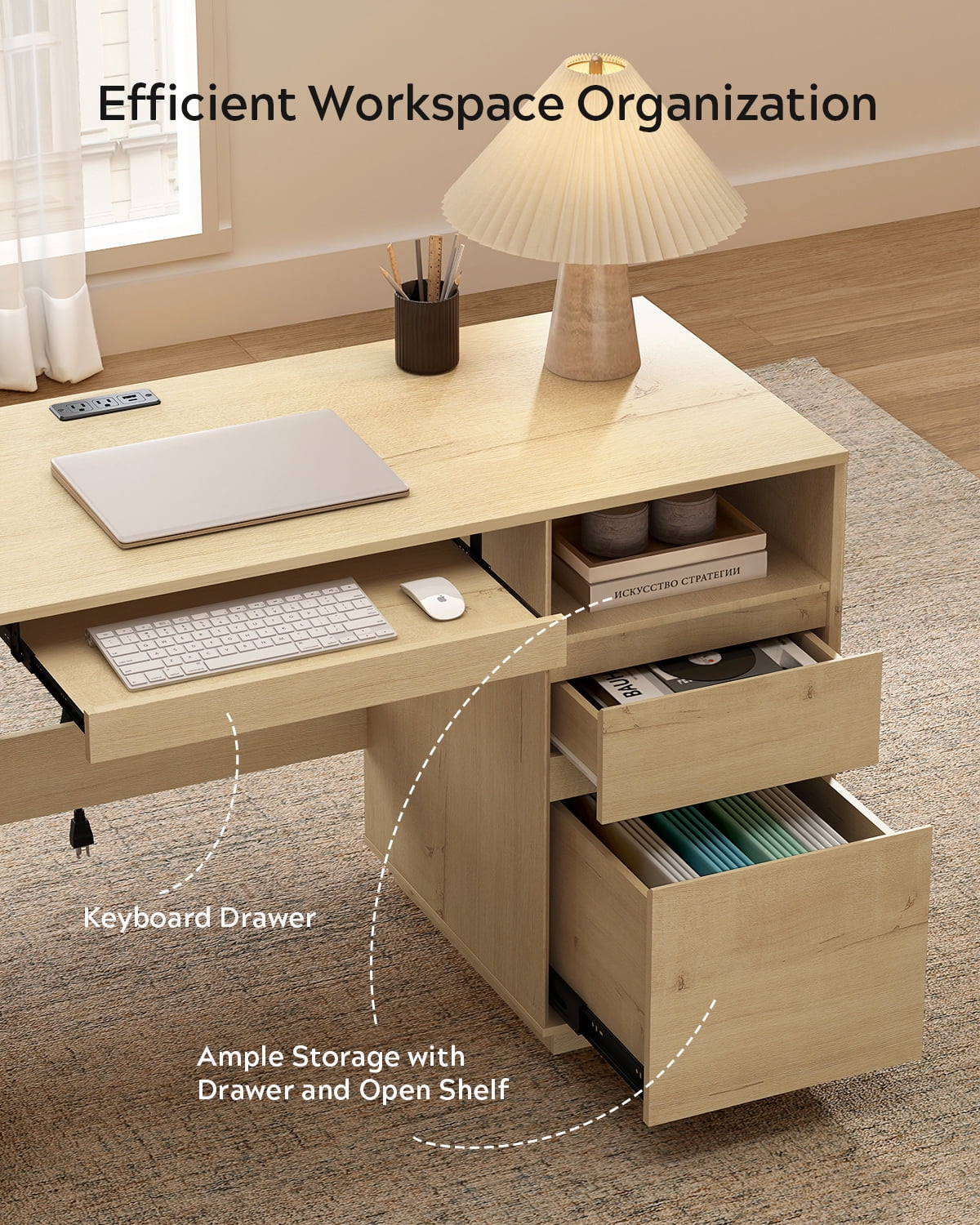 EYYTHUNG 59" Executive Desk, Farmhouse Large Home Office Desk with File Drawer & Outlet & Storage Cabinet, Wood Computer Desks with Keyboard Tray, Light Oak
