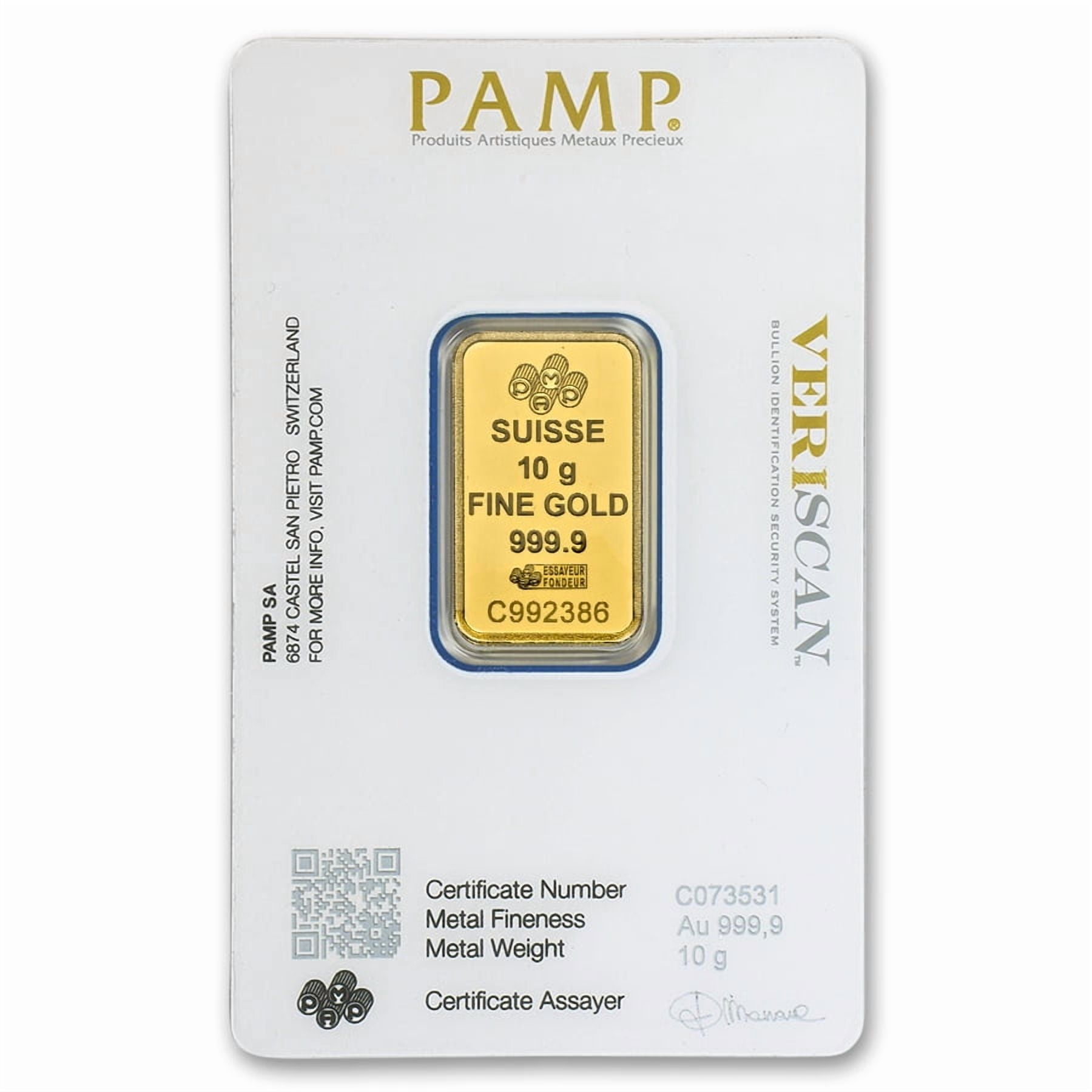 10 gram Gold PAMP Lady Fortuna VERISCAN™ Bar w/ Assay
