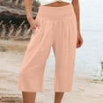 thumbnail image 1 of Womens Casual Pants Elastic Waist Solid Color 3/4 Wide Leg Summer Trousers with Pockets Clearance, 1 of 5