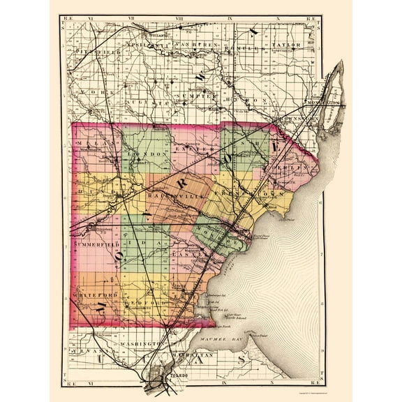 Historic County Map - Monroe County Michigan - Walling 1873 - Vintage Wall Art