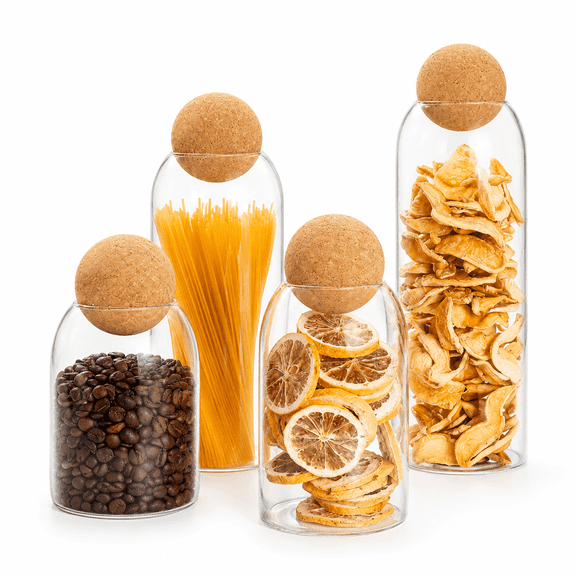 4 Pack Glass Storage Jars with Cork Lids, 17oz 27oz 41oz 54oz Airtight Glass Canisters for Kitchen Storage, High Borosilicate Food Storage Containers for Spices, Tea, Coffee, Candy and Dry Goods