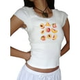 thumbnail image 4 of Musuos Women's Slim Fit Crop Top Cap Sleeve Lace Trim Crew Neck Fruit Print T-Shirts for Summer, 4 of 6