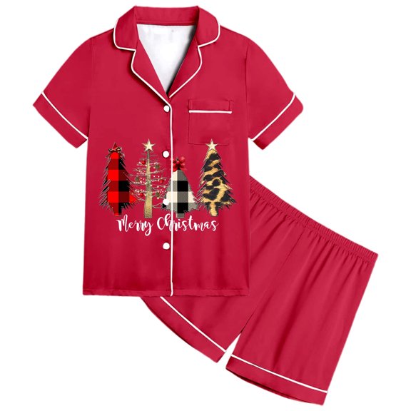 Afdoent Girls Pajamas Set Christmas Tree Sleepwear Holiday Button Down Short Sleeve Top and Comfy Shorts Set Loungewear