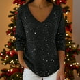 thumbnail image 2 of Women's Sweatshirt Sequin Print Long Sleeve V Neck Drop Shoulder Pullover Shirts Black, 2 of 5