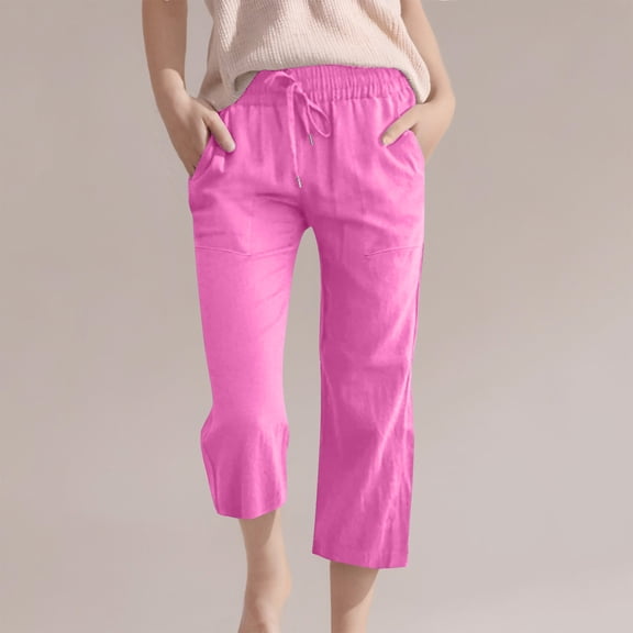 Teen Girls Cotton Linen Capri Pants Kids Summer Preppy Cropped Lounge Pant Baggy Lightweight Elastic Waist Trousers