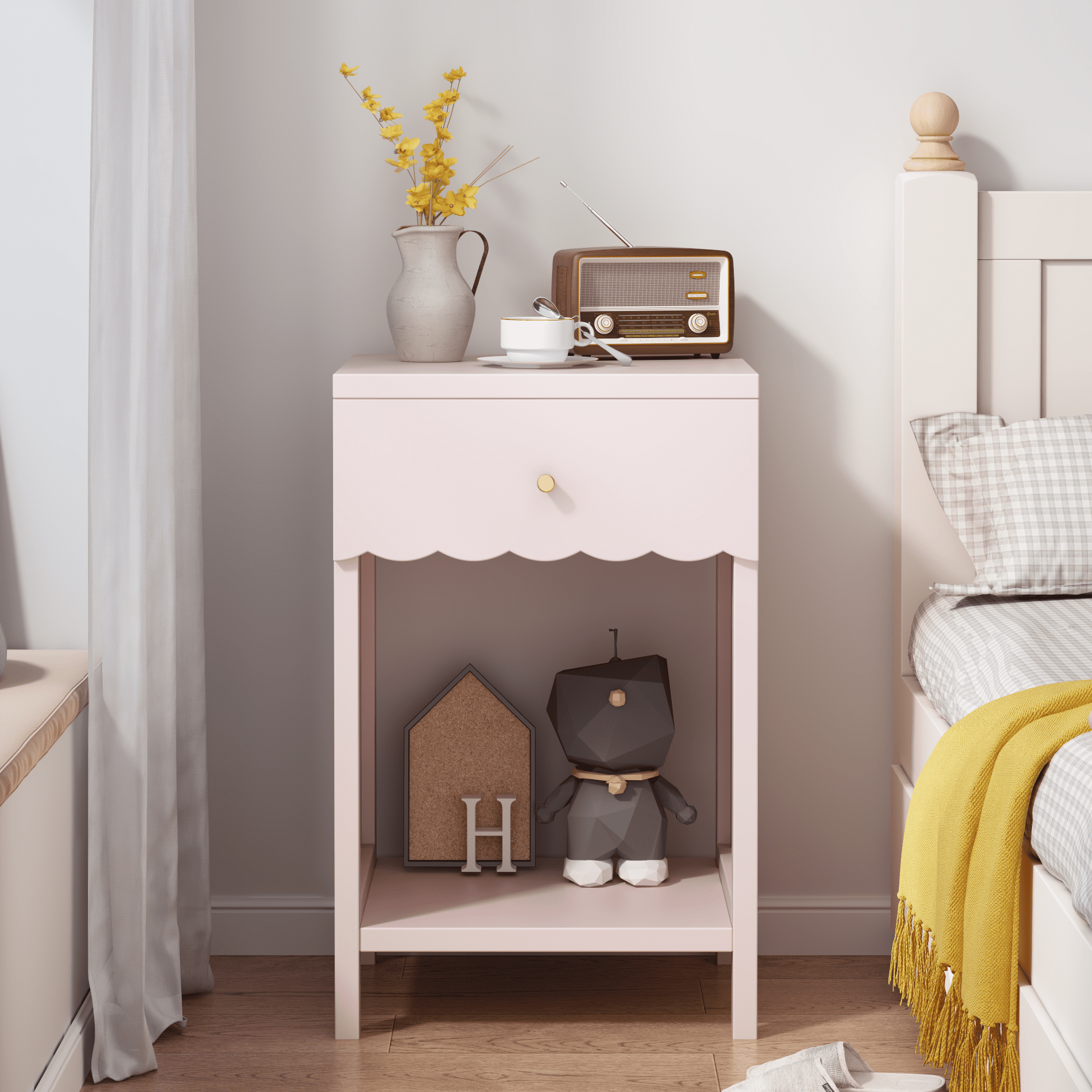 Pink Scalloped Nightstand with Drawer and Open Shelf Bedside End Table Kids Room Storage