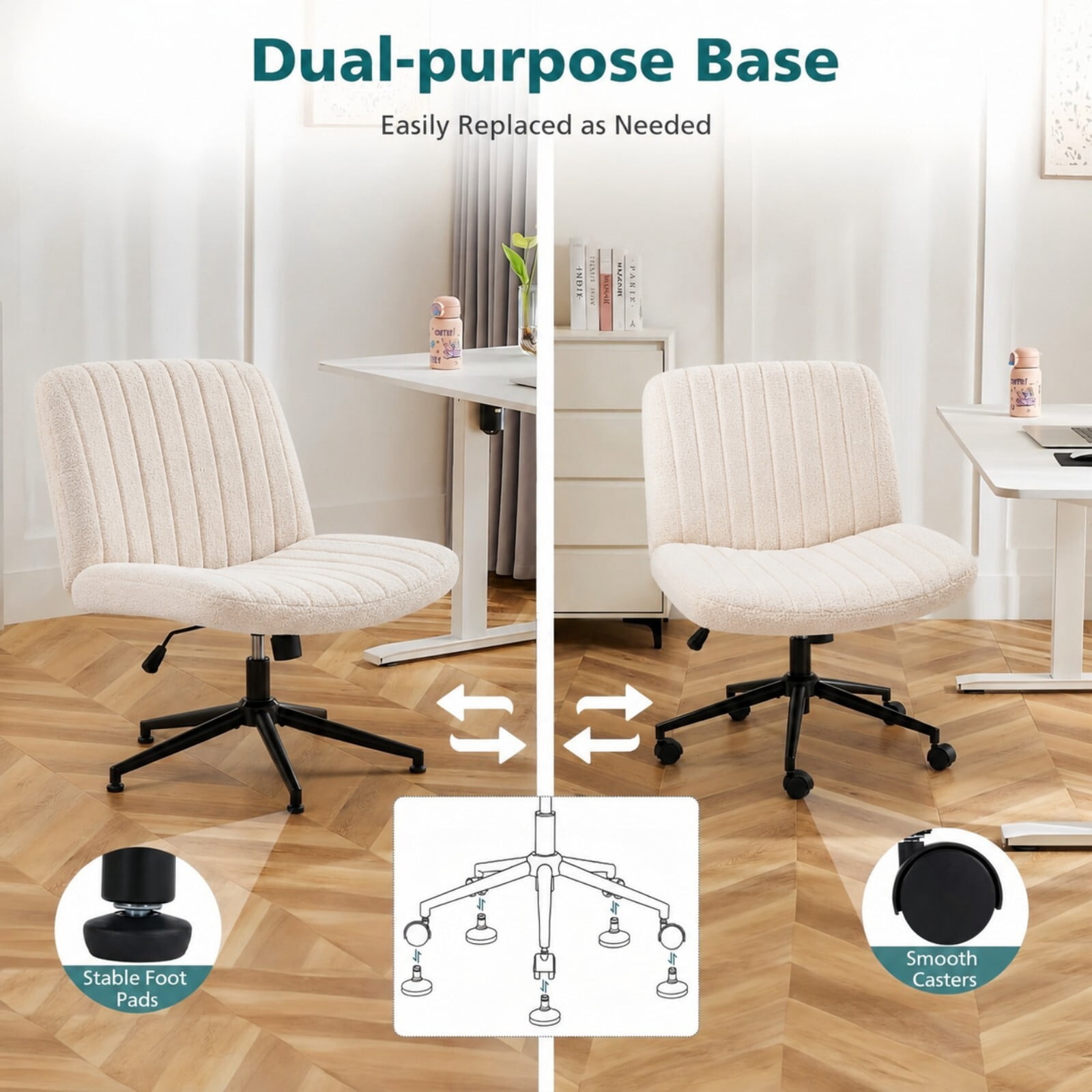 Kelno Armless Criss Cross Office Chair with Wheels 300lb Capacity Wide Seat Cross Legged Desk Chair Height Adjustable Swivel Vanity Chair, Beige Teddy