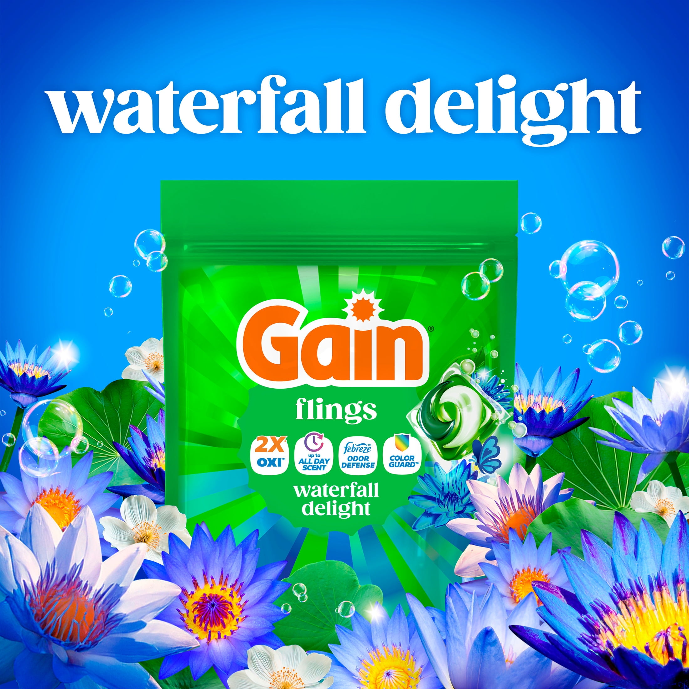 Gain Flings Liquid Washing Detergent Pacs, Now with Odor Defense + Color Guard, Waterfall Delight Scent, 15 Count