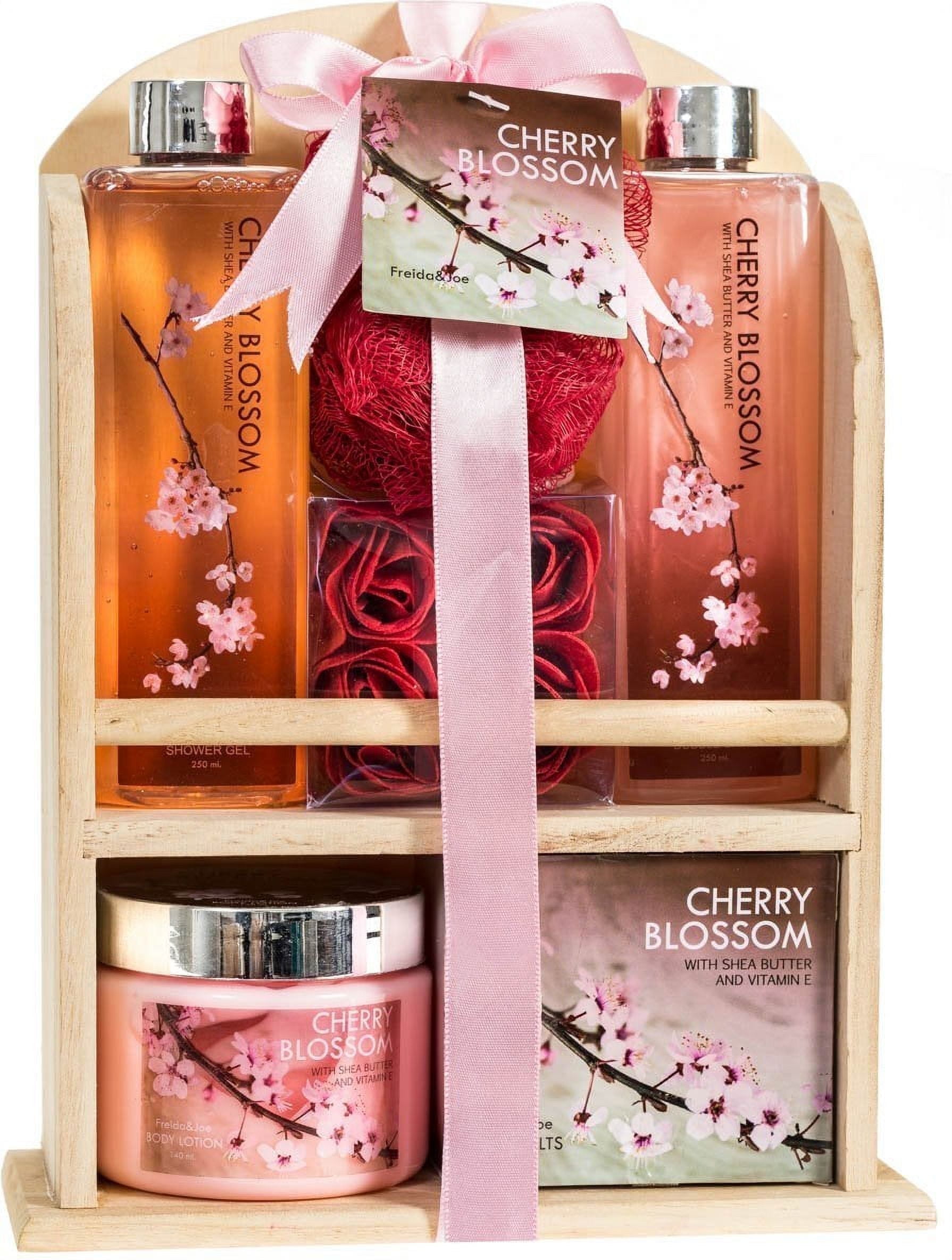 Deluxe Cherry Blossom Bath and Body Gift Set for Women with Bubble Bath, Bath Salts, Lotion, Rose Soaps & Puff in Wood Cabinet Valentines Gift