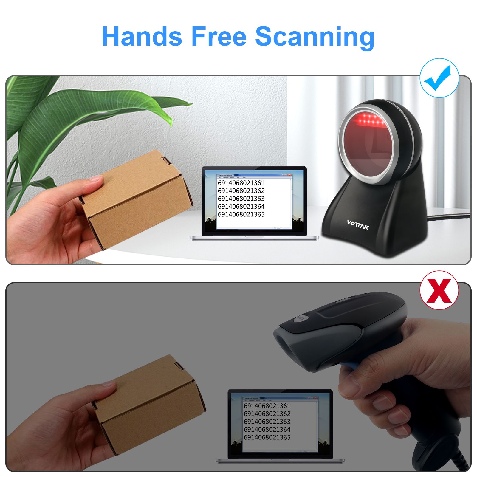 2D Barcode Scanner, Automatic Omnidirectional Desktop USB Scanner - 1D/2D QR Code Reader for Supermarket, Warehouse, Mobile Payment, Plug & Play with 6ft Cable - Sumicor VT7510S-USB