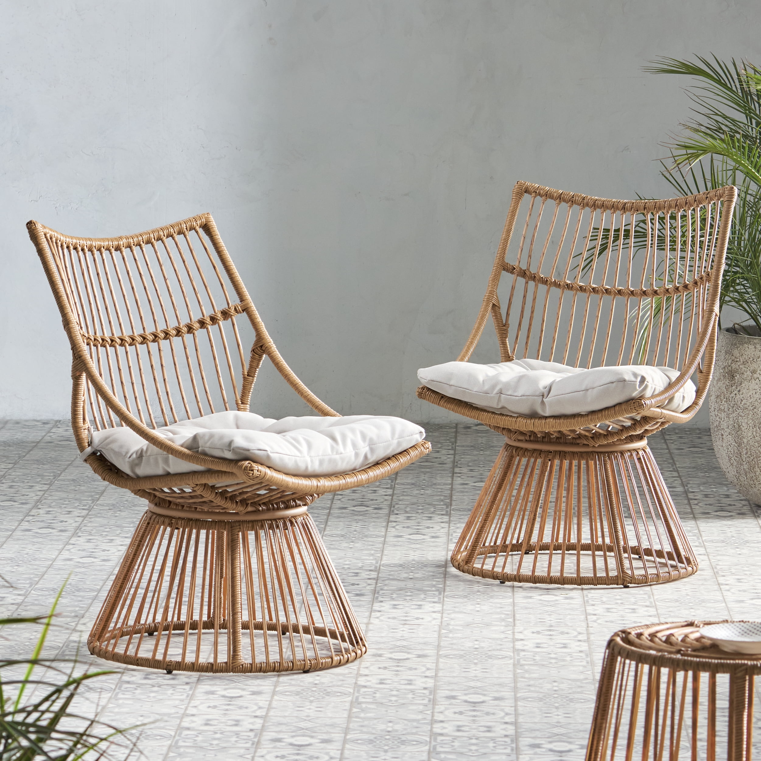Jabe Wicker Outdoor High Back Lounge Chairs, Set of 2, Light Brown and Beige