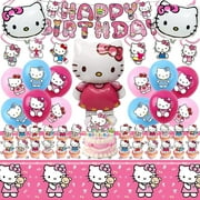 Hello Kitty Birthday Party Supplies, Hello Kitty Party Decorations Set Hello Kitty Birthday Decoration Banner Background Tablecloth and Hello Kitty Balloon Cake Topper and Other Party Supplies