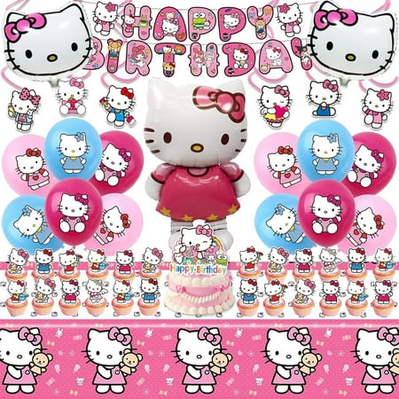 Hello Kitty Birthday Party Supplies, Hello Kitty Party Decorations Set Hello Kitty Birthday Decoration Banner Background Tablecloth and Hello Kitty Balloon Cake Topper and Other Party Supplies