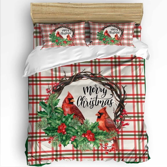 Merry Christmas King Size Comforter Set, Red Bird Berry Green Leaf Vintage Plaid Soft Bedding for All Seasons, 4 Pcs Bed Set with 1Comforter (90"x106") ,1 Sheet(94"x116"), 2 Pillowcases (19"x35")