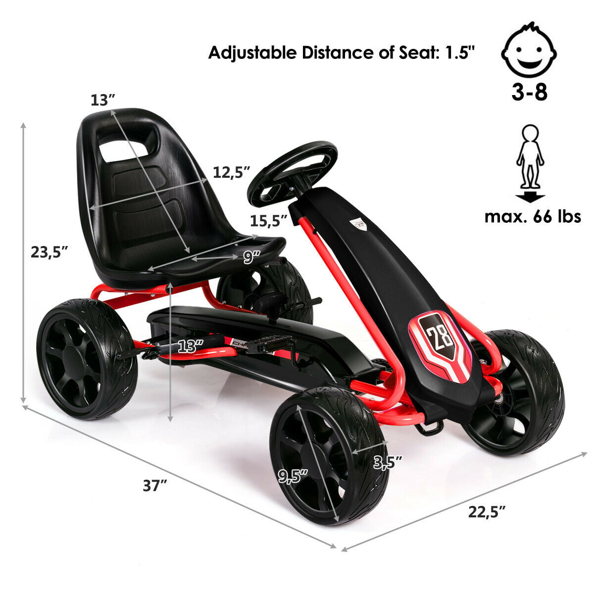 Go Kart Pedal Car Kids Ride On Toys Pedal Powered 4 Wheel Adjustable Seat  Black 