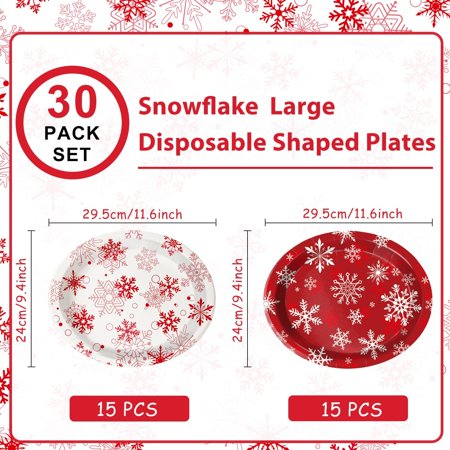 YUYAN-30 Count Christmas Oval Disposable Paper Plates Large Snowflake Paper Plates for Xmas Wedding Birthday Candy Christmas Party Supplies