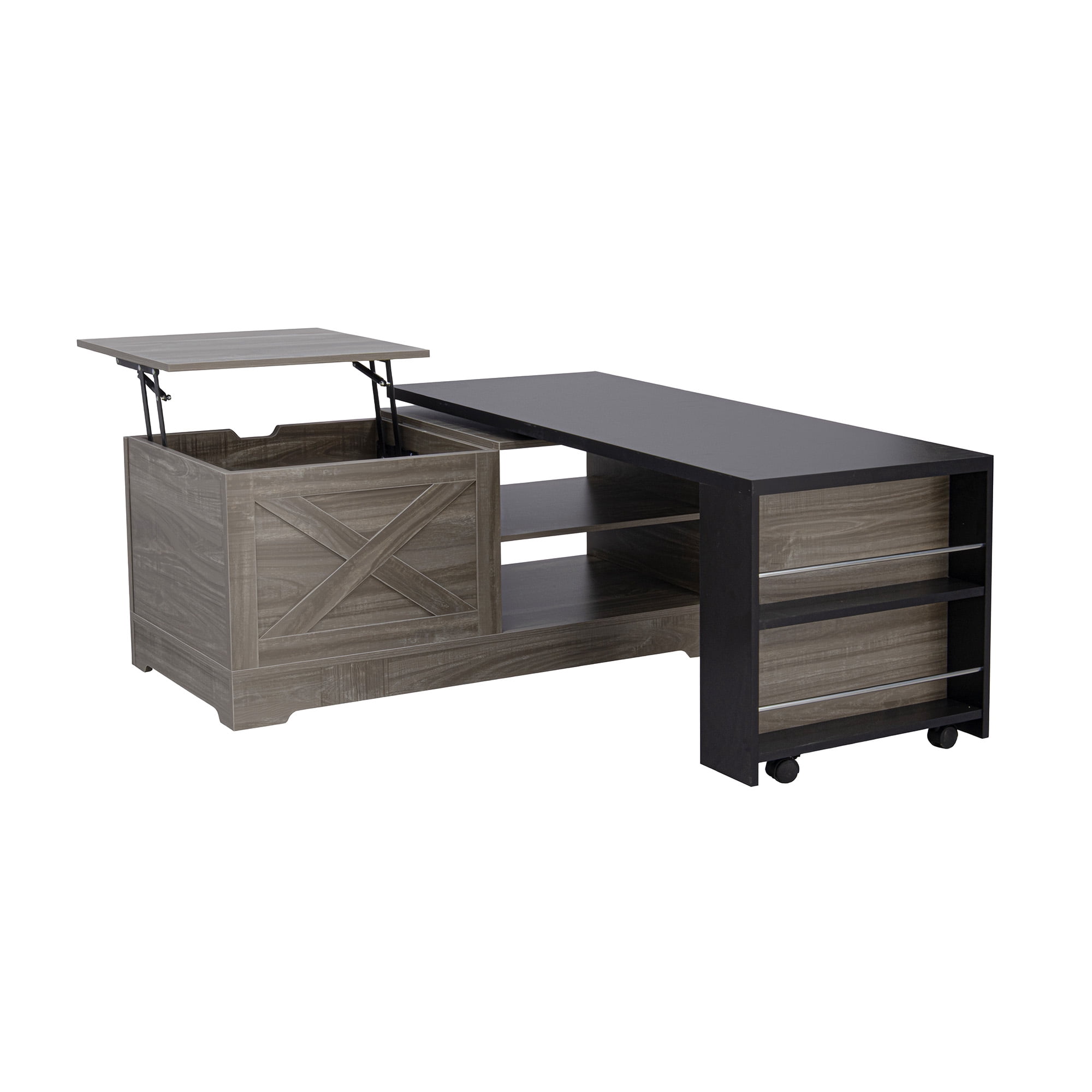 Euroco Farmhouse Lift Top Coffee Table With Barn Doors, Wood Rectangle Center Table With Large Hidden Storage Space And Open Cabinet, For Living Room, Bedroom, Home Office
