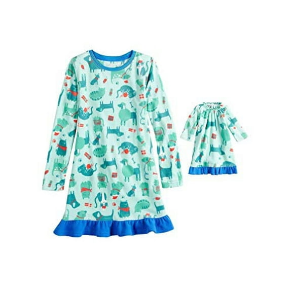 Girl's Blue Christmas Santa Dogs, Cats Fleece Nightgown with Doll Gown, Size 3T