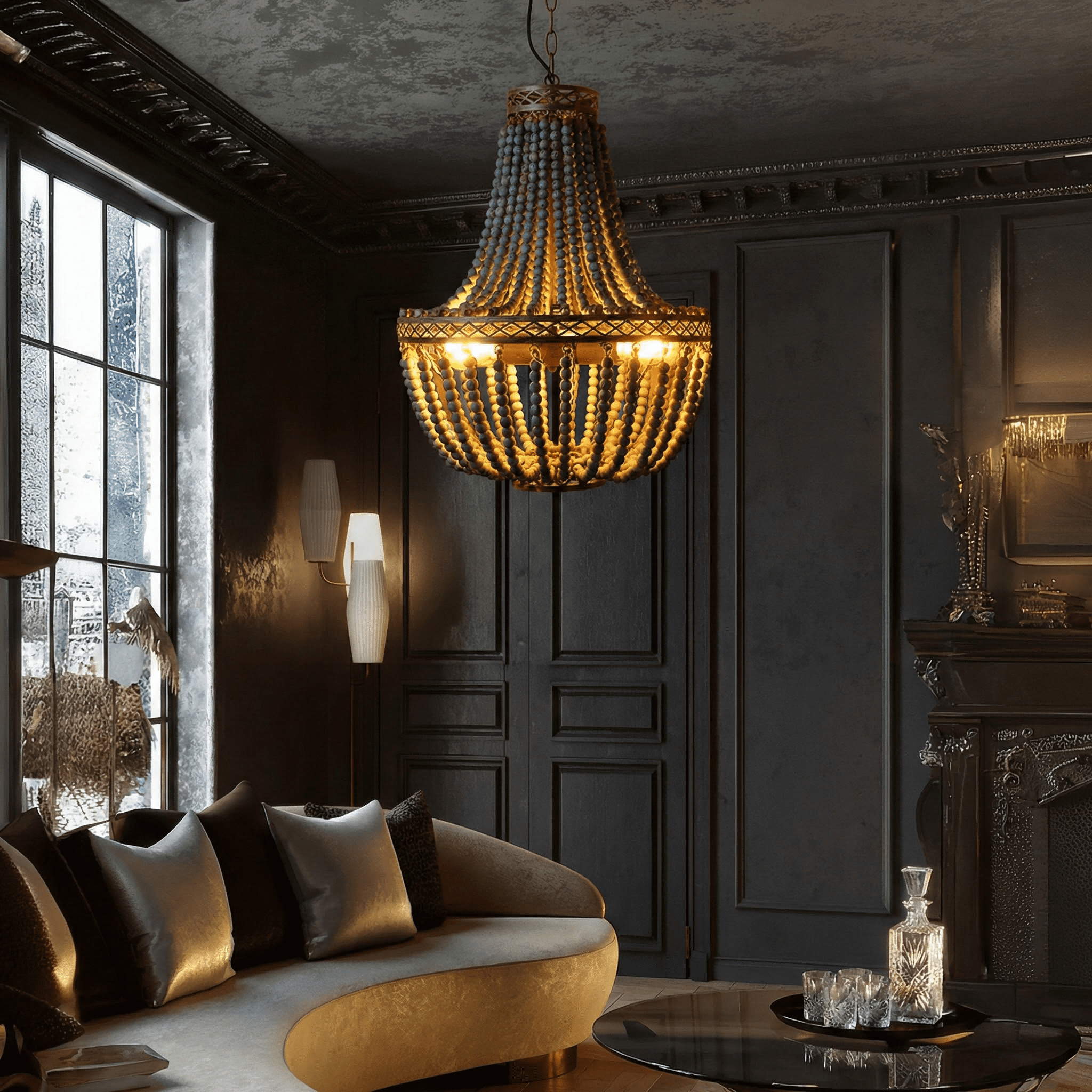 3-light Boho Turquoise Wood Bead Pendant Light, Large Vintage Chandelier, Adjustable Height, 17.32" Diameter (No Bulbs)