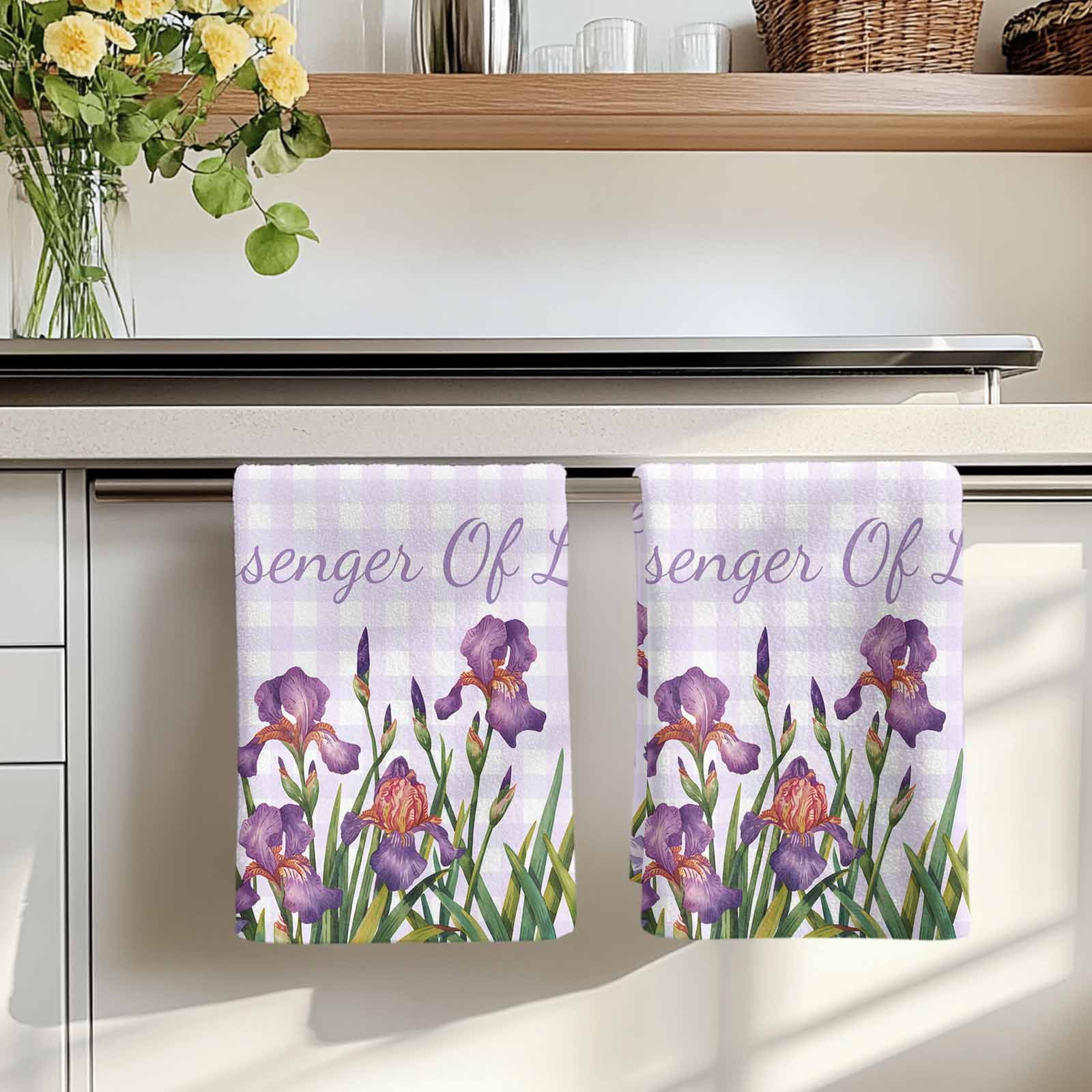 Dish Towels, Iris Flowers Absorbent Kitchen Towels 2 PCS, Floral Purple Buffalo Plaid Microfiber Hand Towels Dish Cloths Tea Towels for Home&nbsp;Bathroom Cleaning Drying,18X28-Inch,